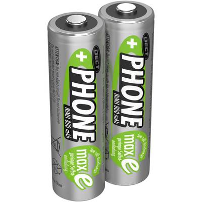 Deux piles AA en argent avec l'inscription verte 'PHONE', '800 mAh'. Adaptées aux téléphones DECT. Fabriquées en Chine.