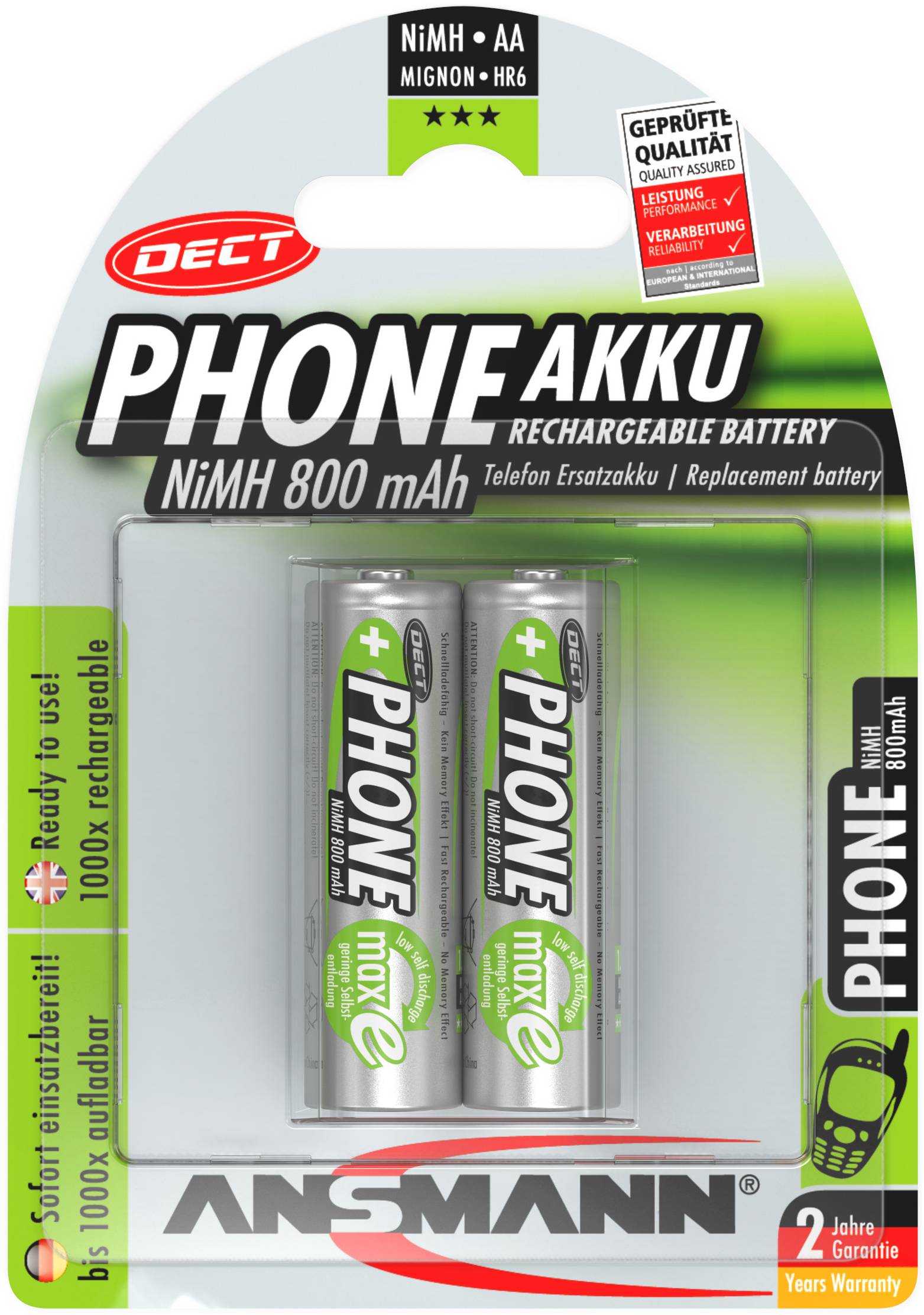 Deux piles rechargeables AA de 800 mAh d'Ansmann, spécialement conçues pour les téléphones sans fil. L'emballage présente une garantie et un sceau de qualité.