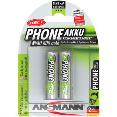 Deux piles rechargeables AA de 800 mAh d'Ansmann, spécialement conçues pour les téléphones sans fil. L'emballage présente une garantie et un sceau de qualité.