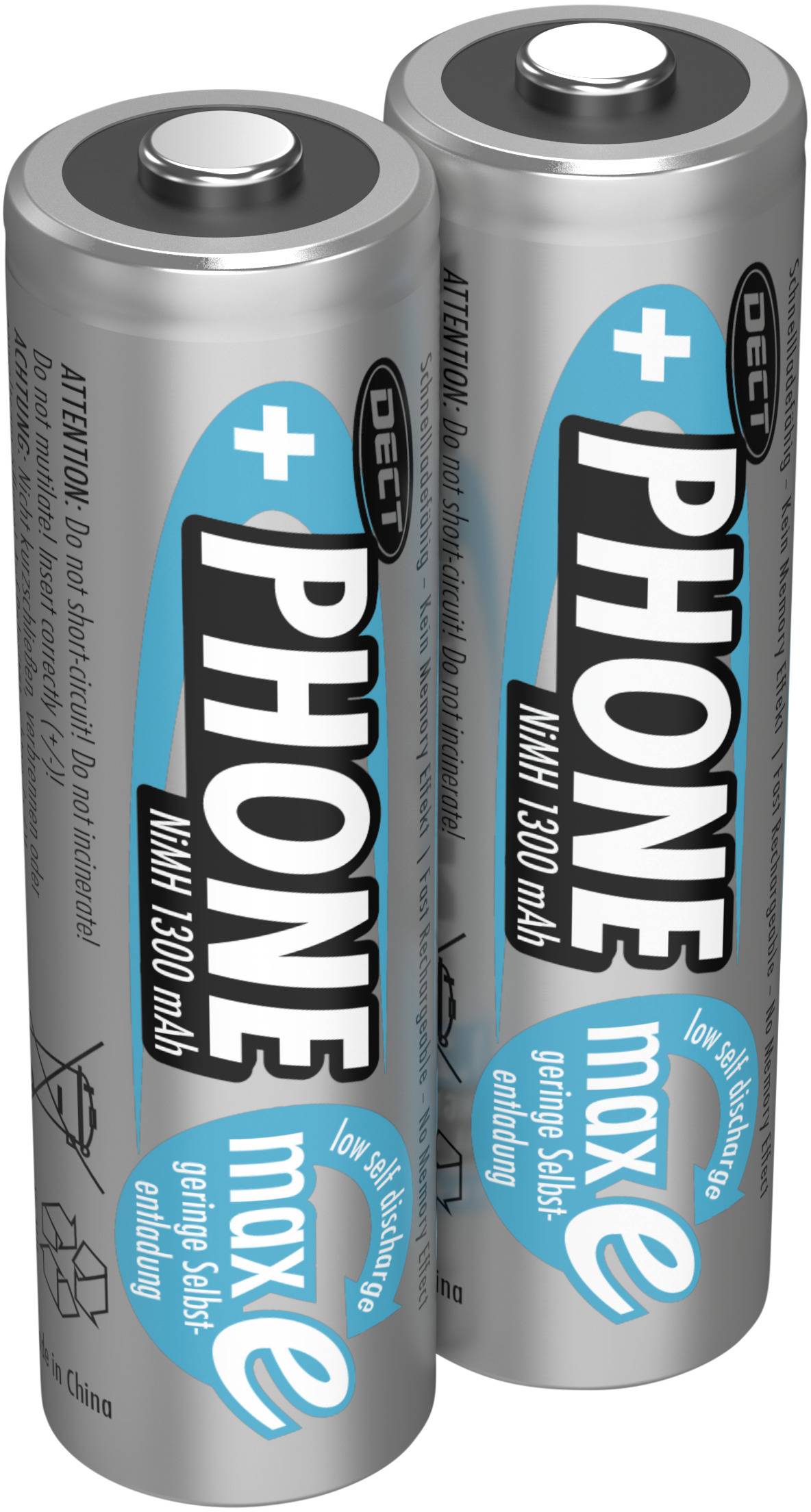 Deux piles AA argentées portant les inscriptions « PHONE » et « 1300 mAh ». Elles sont présentées verticalement et arborent un logo bleu.