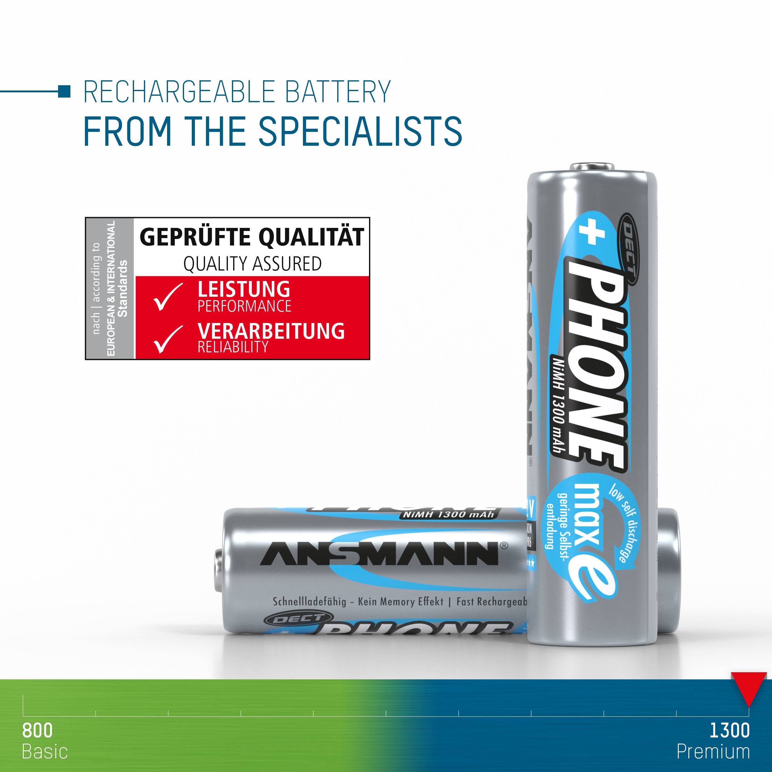 Batterie rechargeable ANSMANN avec certificat de qualité. Adaptée aux appareils jusqu'à 1300 mAh. Aucun effet mémoire, rechargeable plusieurs fois.