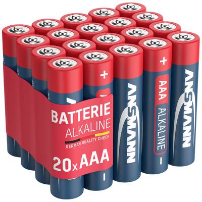 Vingt piles alcalines AAA dans un paquet, marquées 'Batterie Alcaline' et 'Contrôle Qualité Allemand'.