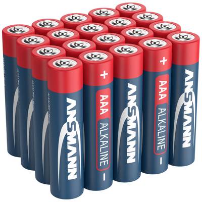 « Piles alcalines AAA, pack de 20, logo Ansmann visible »