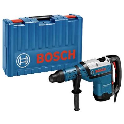 Une perceuse professionnelle Bosch en bleu et noir, équipée d'une poignée latérale, posée à côté d'un étui de transport Bosch bleu.