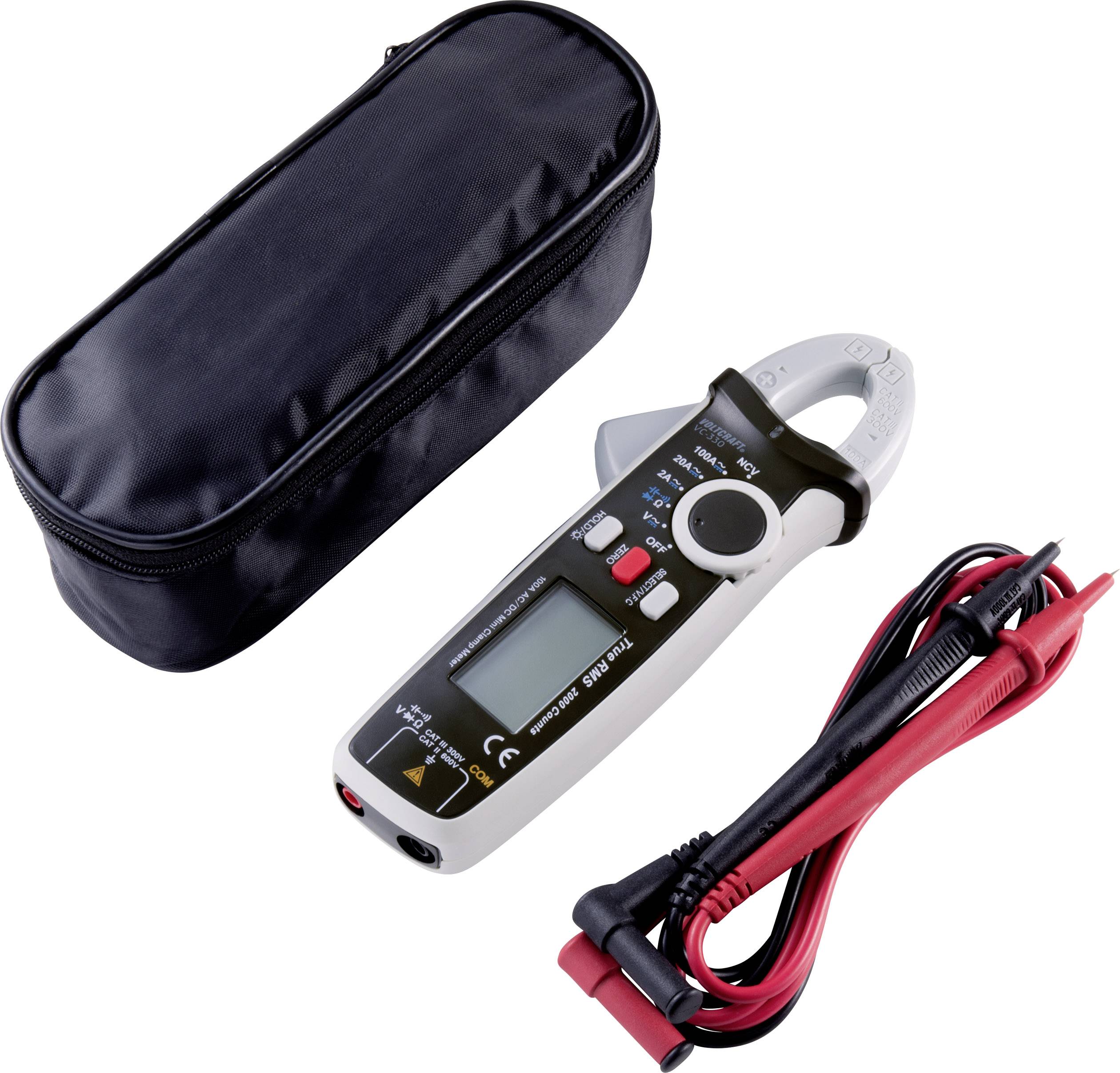 Un pied à coulisse numérique avec un écran, accompagné de sondes et d'un étui de transport noir.