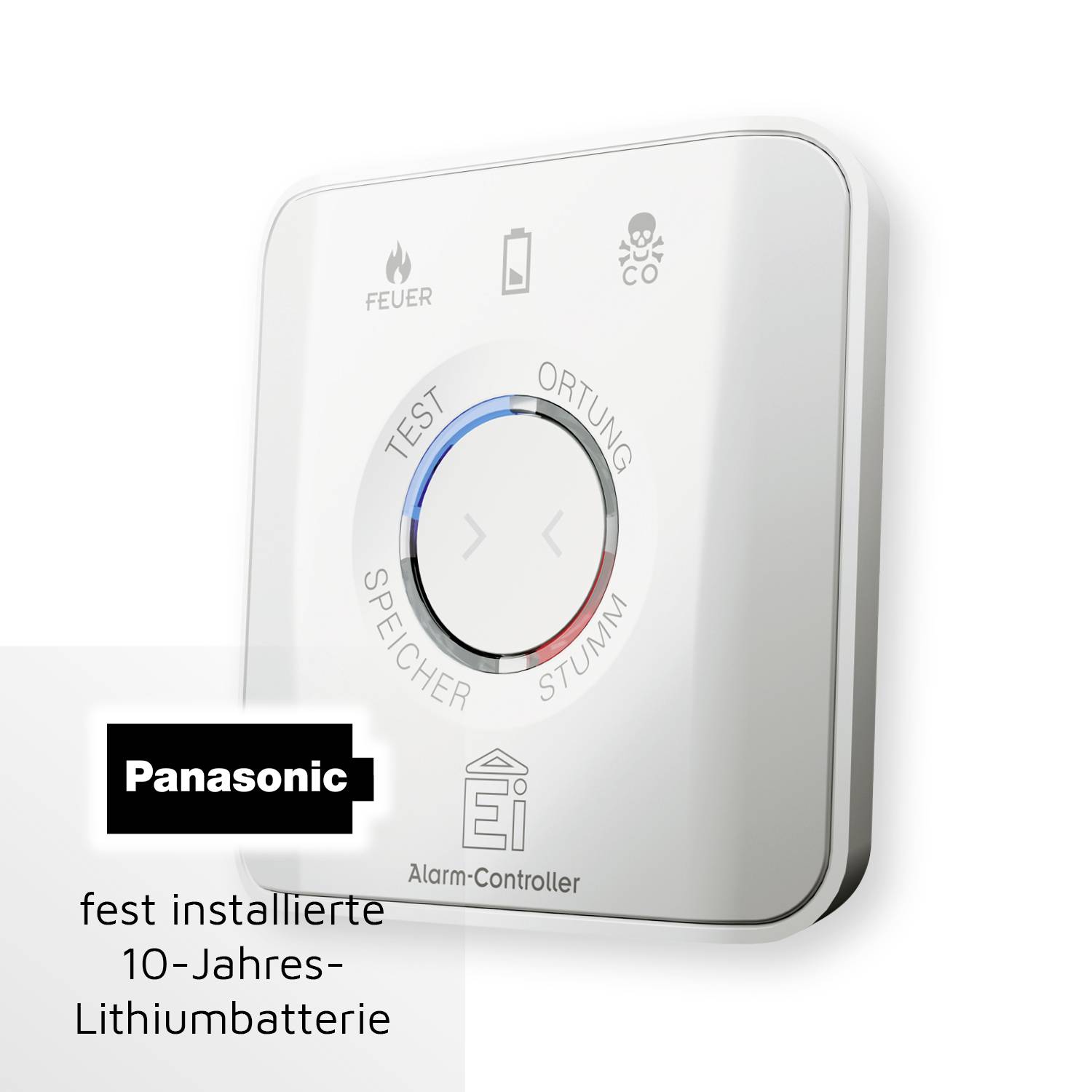 Un contrôleur d'alarme avec un interrupteur de test et de mise en sourdine, ainsi que des symboles pour le feu et le CO. Logo Panasonic et indication d'une batterie de 10 ans.