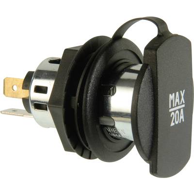 'Prise électrique noire avec couvercle rabattable, inscription "MAX 20A". Contacts métalliques argentés visibles. Adaptée aux charges électriques élevées.'