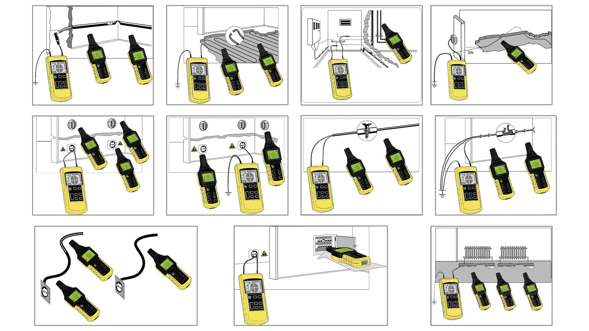 Instructions illustrées pour l'utilisation d'un multimètre : Différentes étapes avec un appareil de mesure jaune testé dans diverses situations.
