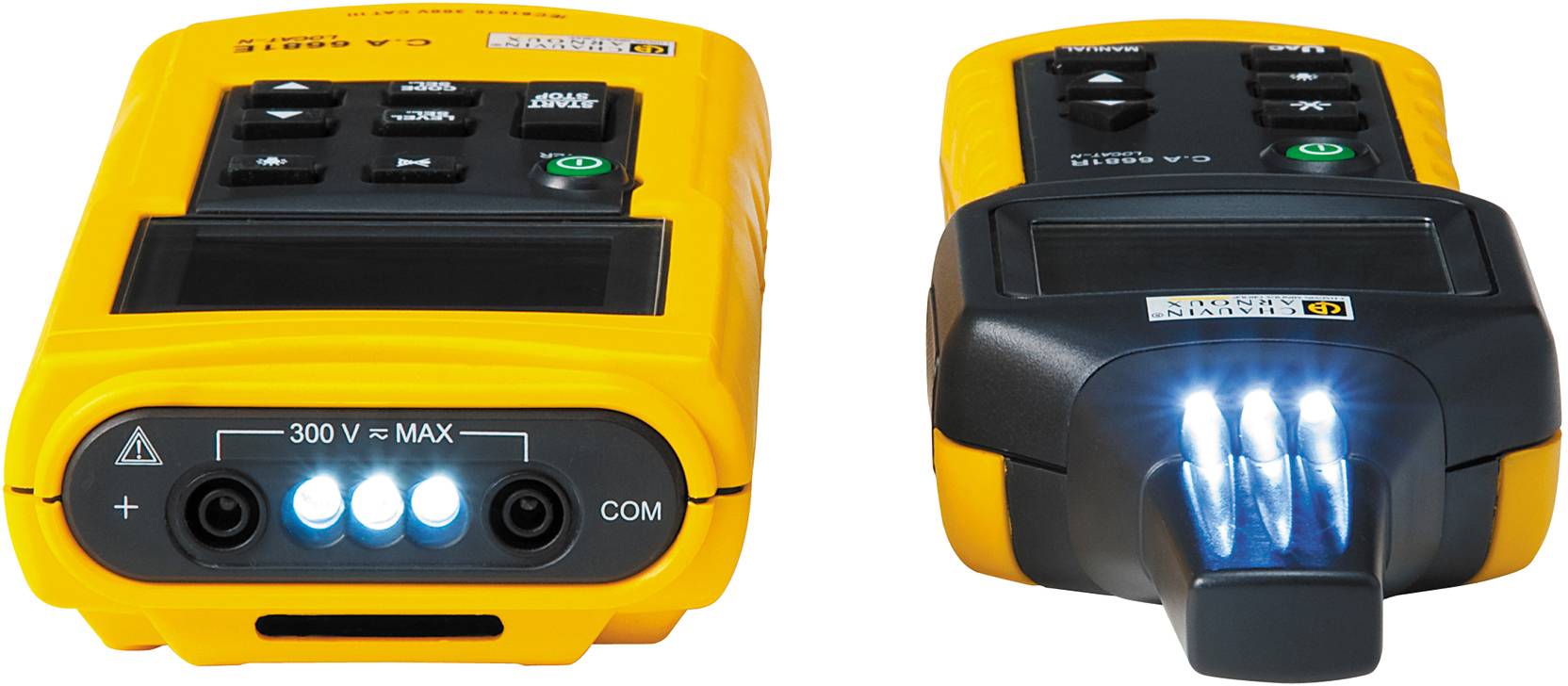 Un appareil de test électrique jaune avec un affichage numérique et des indicateurs LED, adapté pour des mesures jusqu'à 300 V. Montre les touches et les connexions.