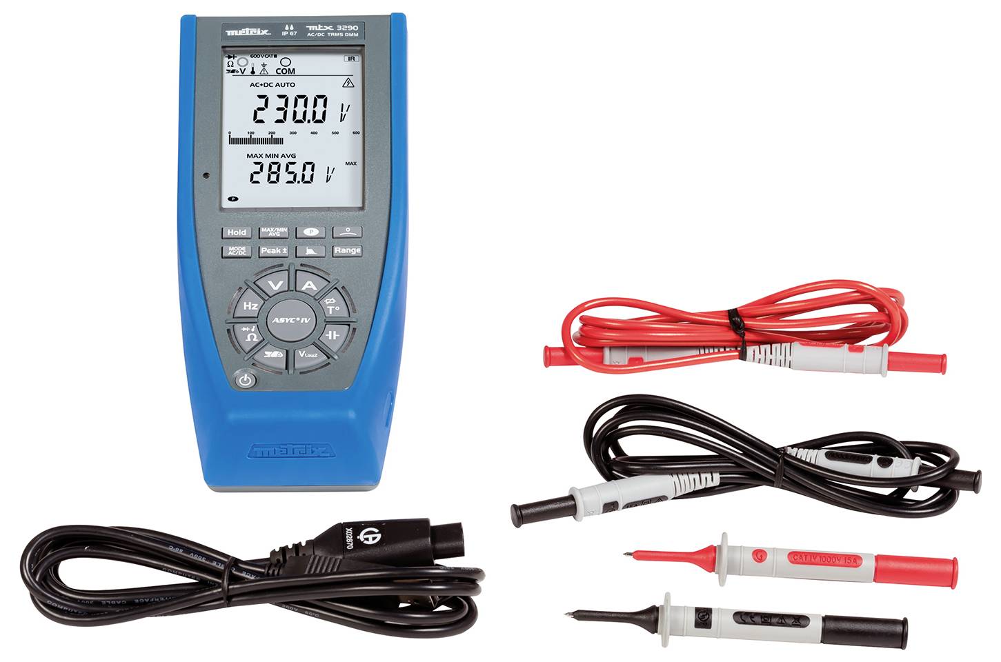 Un multimètre numérique affiche des valeurs de mesure. À côté se trouvent des pointes de test et des câbles de connexion. Valeurs principales : 230,0 V et 285,0 V.