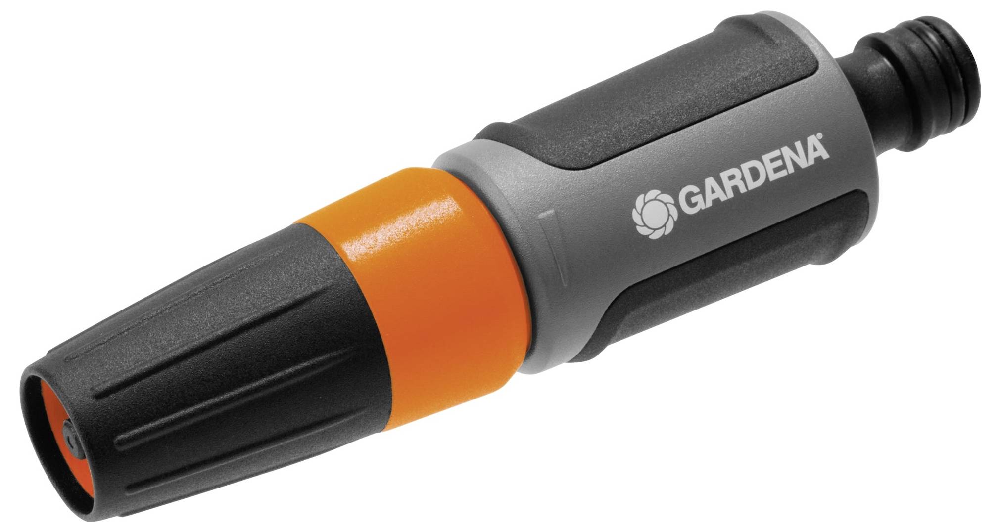 Jet de jardin avec poignée noir et gris et anneau en plastique orange, marque Gardena. Utilisé dans le jardin pour l'arrosage.