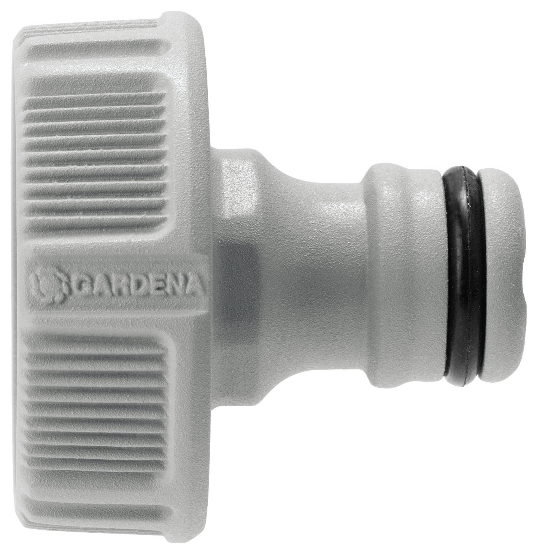 Pièce de raccordement Gardena gris-argent avec poignée striée, idéale pour connecter des tuyaux d'arrosage aux robinets d'eau.