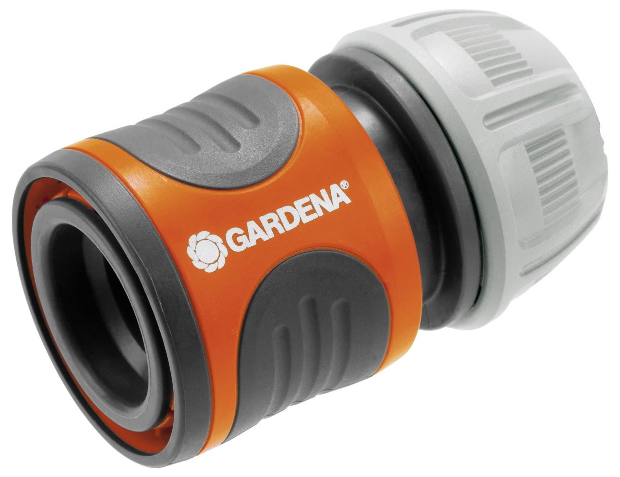 Raccord d'eau de Gardena pour tuyaux d'arrosage. Design orange et gris, matériau en plastique, avec une fixation sécurisée.
