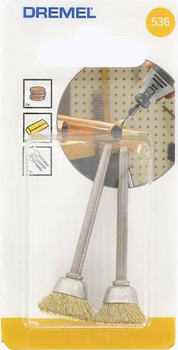 Emballage contenant deux brosses en laiton Dremel, adaptées au polissage et au nettoyage des surfaces métalliques.