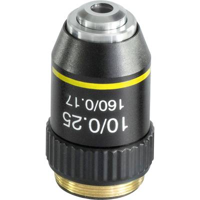 Objectif de microscope portant l'inscription '10/0,25' et '160/0,17', boîtier noir, bague jaune, adapté aux applications scientifiques.