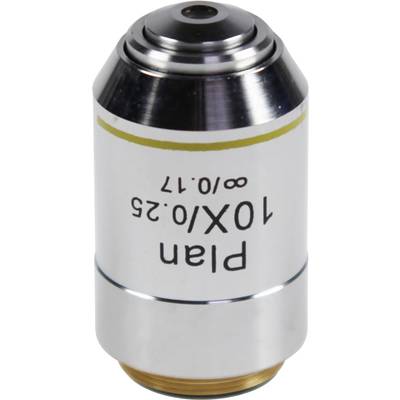 Objectif de microscope portant l'inscription « Plan 10X/0,25 ». Il indique la performance optique et le grossissement.