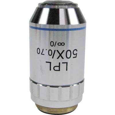Objectif de grossissement portant l'inscription '50X/0.70 LPL'. Couleur argent avec une ligne bleue. Utilisé dans les équipements de laboratoire.