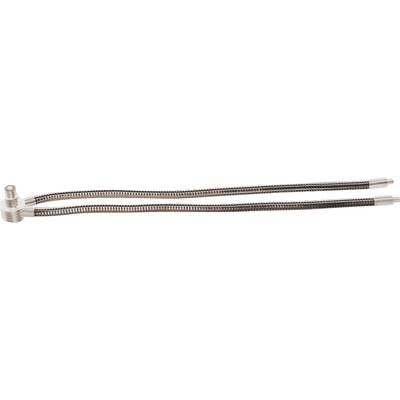 Flexible tuyau en acier inoxydable avec deux bras et raccords, adapté pour une utilisation dans les domaines sanitaires ou industriels.