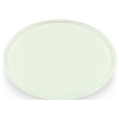 Un disque de verre transparent et circulaire sur un fond blanc, utilisé comme base neutre ou support pour des expériences chimiques.