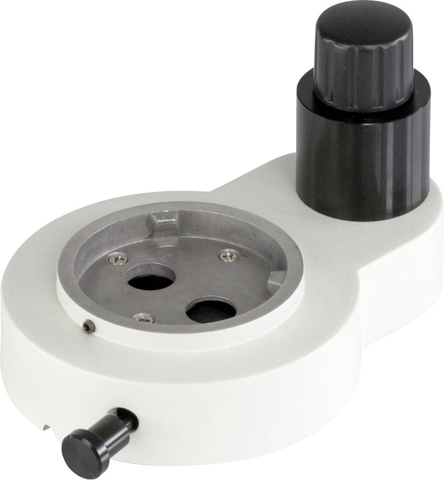 Un accessoire de microscope blanc, rond, doté de deux trous et d'un bouton noir rainuré sur un côté.