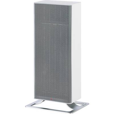 Un haut-parleur sur pied blanc, rectangulaire, avec une grille argentée et un support stable, placé devant un arrière-plan neutre.