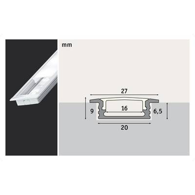 Profil transversal LED : Dimensions de 27 mm de largeur, 20 mm de base, 9 mm de profondeur, avec une hauteur latérale de 6,5 mm ; illustrant la structure et les spécifications dimensionnelles.