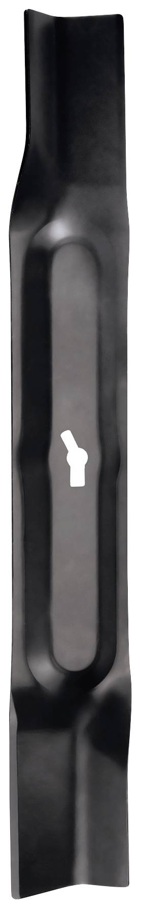 Lame de tondeuse noire en métal à forme incurvée. Elle présente un trou central pour la fixation. Adaptée à l'entretien des pelouses.