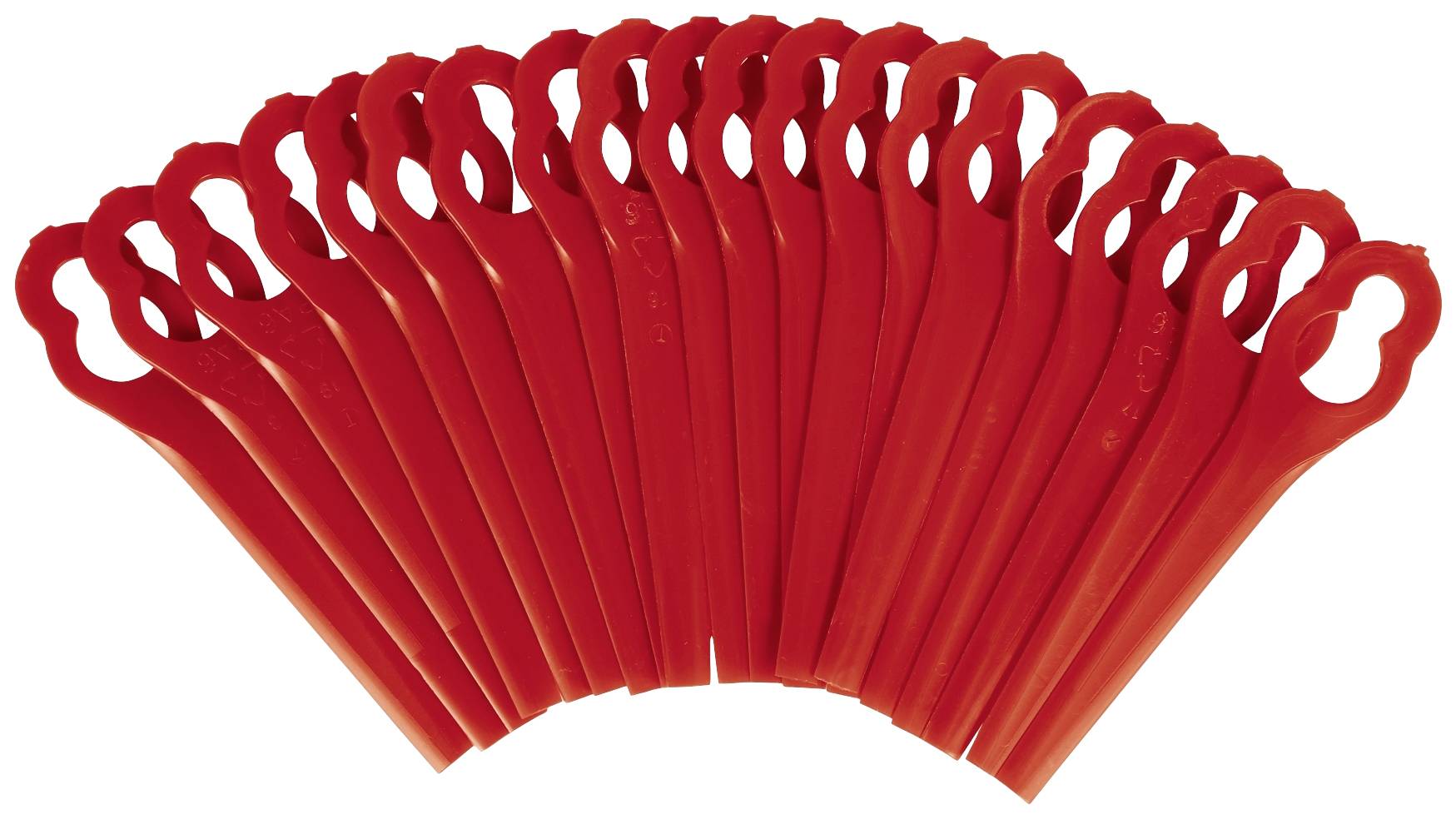 Supports de fil dentaire rouges, disposés en éventail, sur un fond blanc.