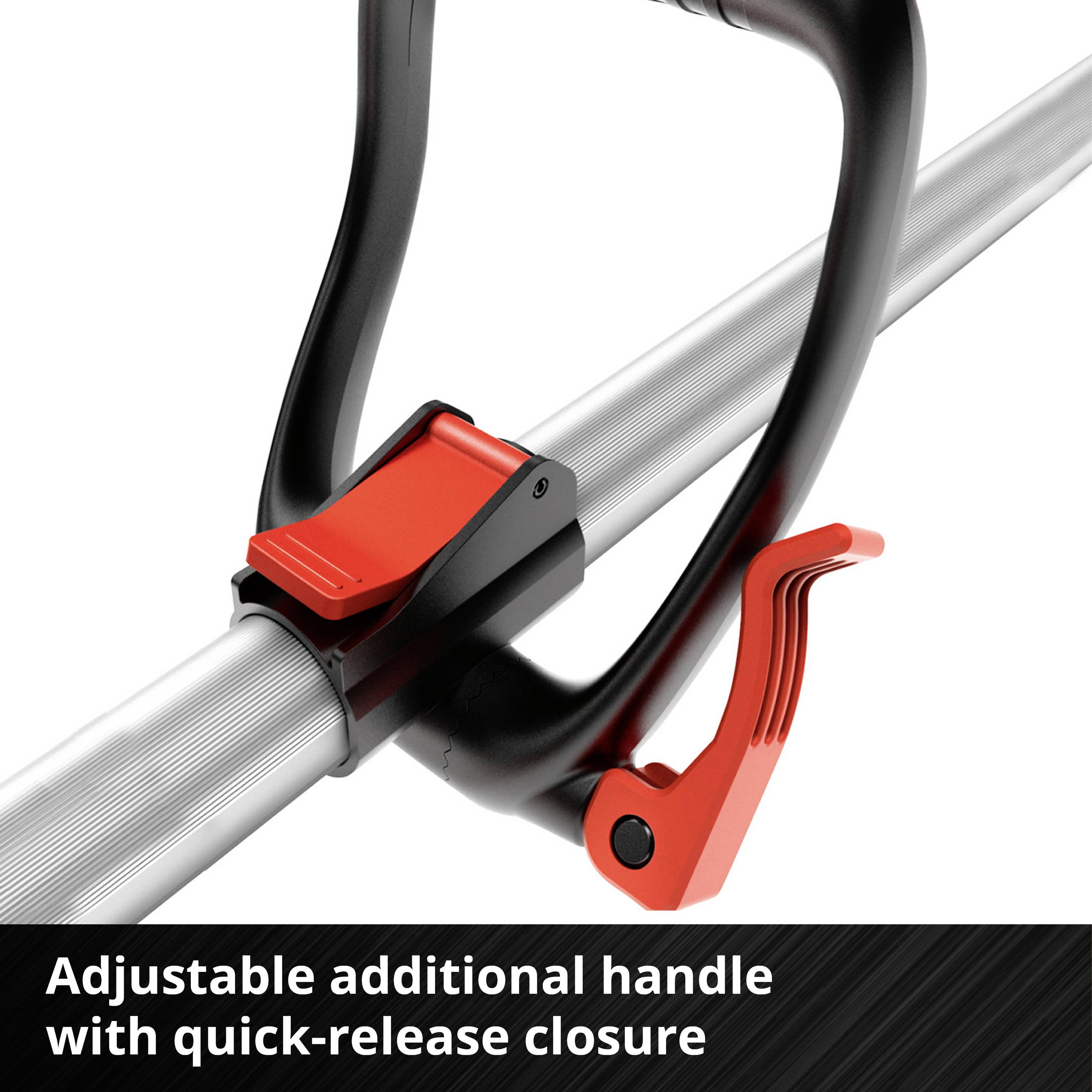Poignée supplémentaire sur une tige, réglable individuellement, avec un système de verrouillage rapide rouge pour un ajustement facile.