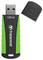 Une clé USB à boîtier vert et noir, d'une capacité de 128 Go, de la marque Transcend, à côté de son capuchon de protection noir retiré.