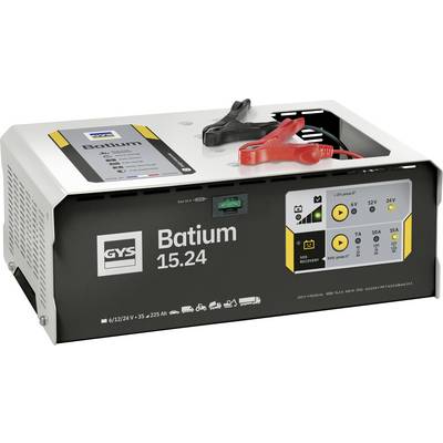 Chargeur de batterie SYS Batium 15.24 avec câbles de serrage rouges et noirs sur le dessus et panneau de commande avant pour modes de charge 6V, 12V et 24V.