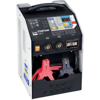 Chargeur de batterie et démarreur portatif GYS Startium 330 E avec affichage numérique, panneau de contrôle, interrupteur d'alimentation, bornes et câbles de serrage