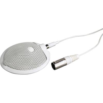 Un microphone de table blanc, rond, avec câble de connexion XLR, adapté pour les conférences ou les réunions.