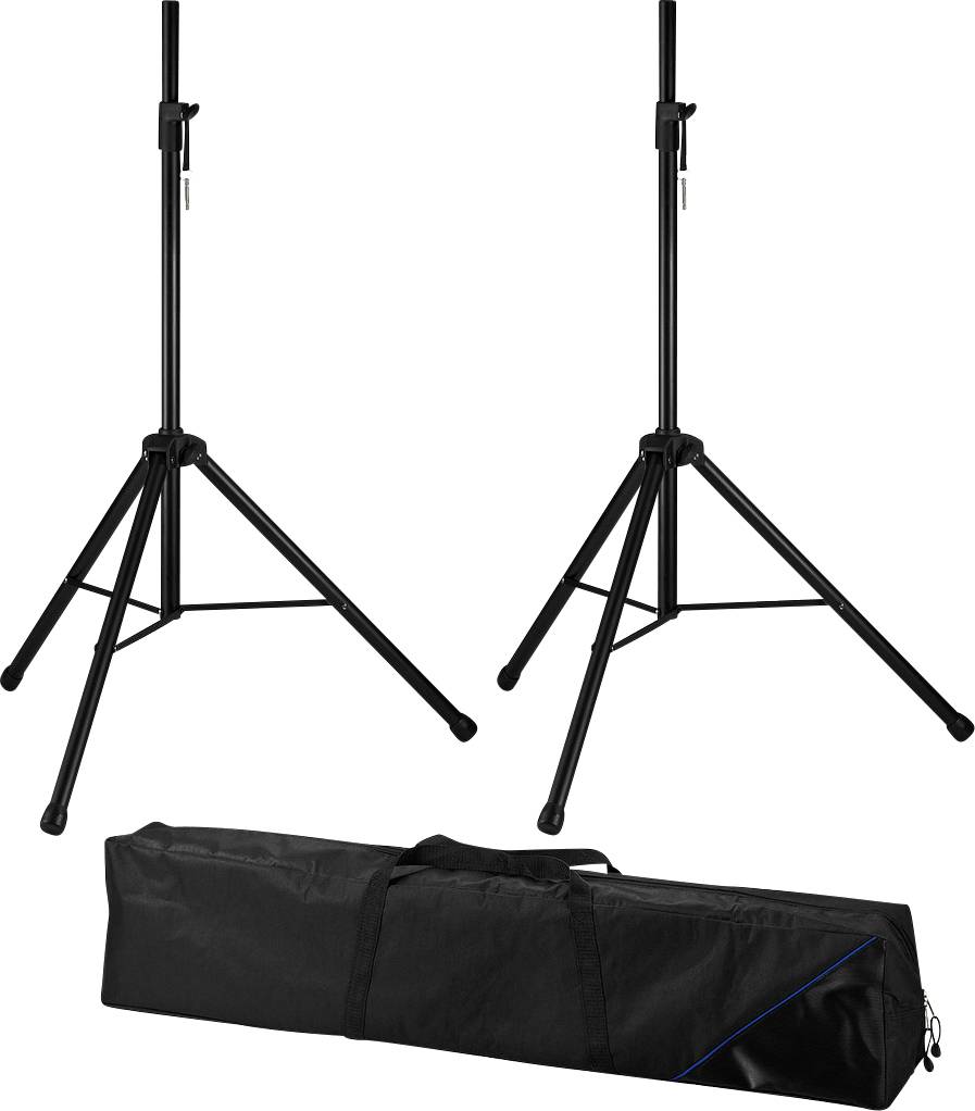 Deux supports de trépied noirs côte à côte, avec un sac de transport noir en dessous. Idéal pour les montages photographiques ou d'éclairage.