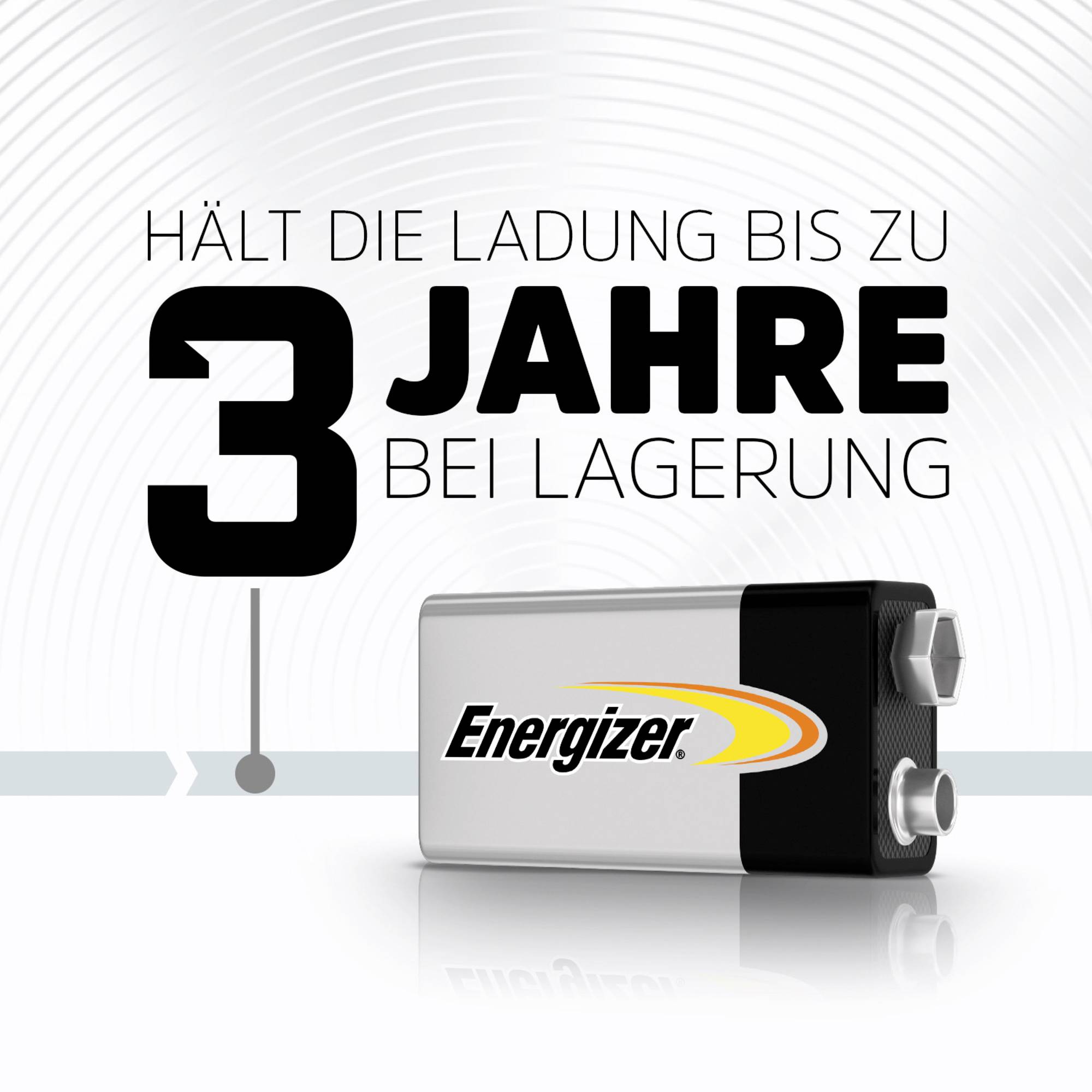Publicité pour une pile Energizer portant l'inscription : Conserve sa charge jusqu'à 3 ans en stockage.