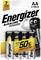 Paquet de quatre piles alcalines AA Energizer. Caractéristiques principales : « Durée de conservation de 7 ans », « Jusqu'à 50% d'autonomie supplémentaire ».