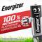 Une figurine de pile tenant un emballage avec '100% emballage recyclable'. Texte : 'Energizer, emballage en plastique 100% recyclable'.