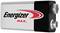 Pile de marque Energizer Max, de forme rectangulaire avec un boîtier argent et noir.