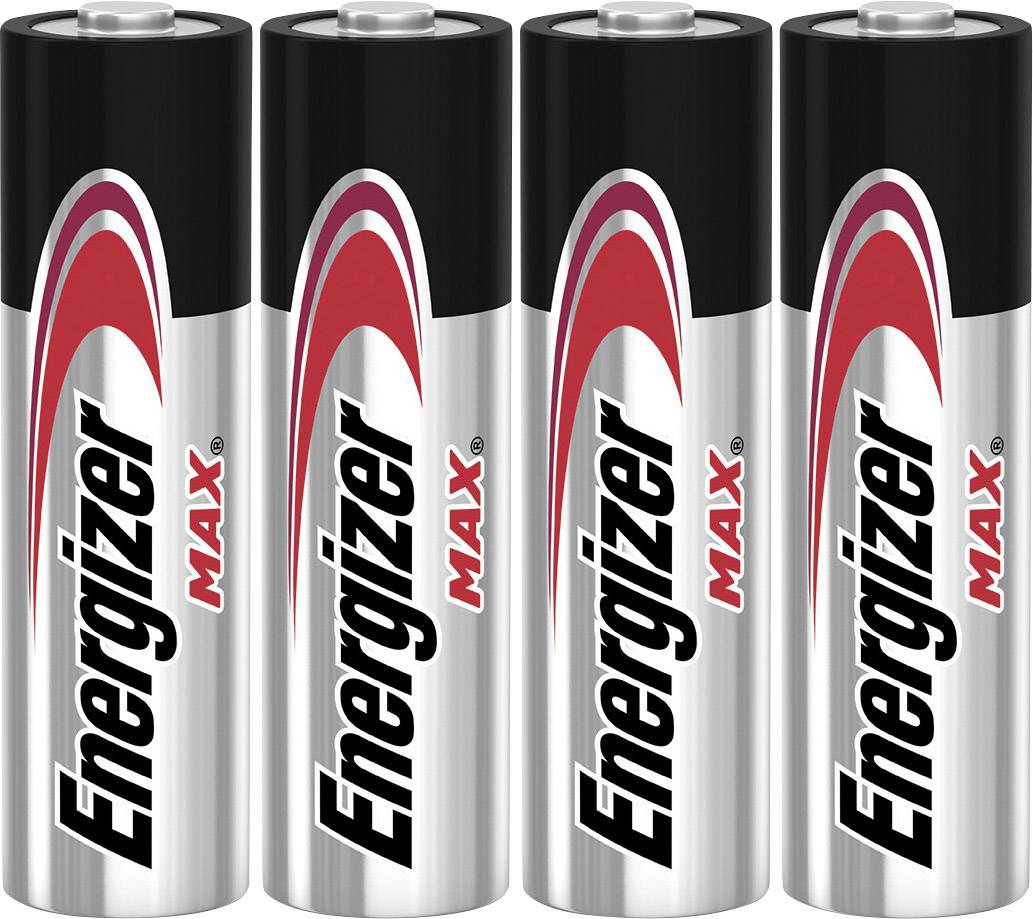 Quatre piles AA de la marque Energizer Max avec un logo rouge et blanc sur un fond argenté.