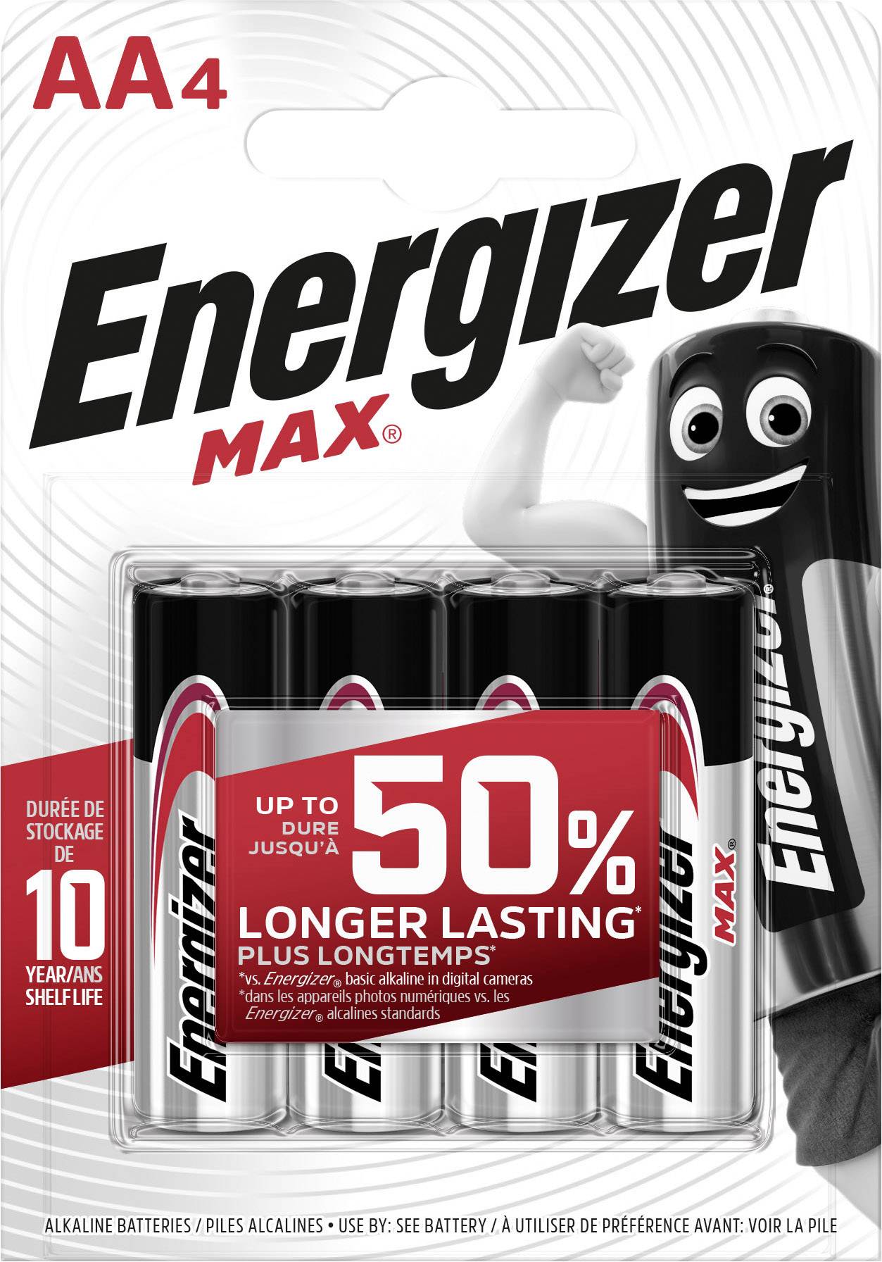 Quatre piles AA de la marque Energizer dans un emballage. Le texte sur l'emballage souligne une durée de vie 50% plus longue.