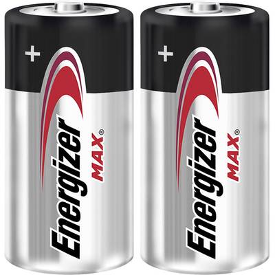Deux piles Energizer MAX de taille D, placées côte à côte, avec les signes "+" et "-". Boîtier argenté avec un design rouge et noir.