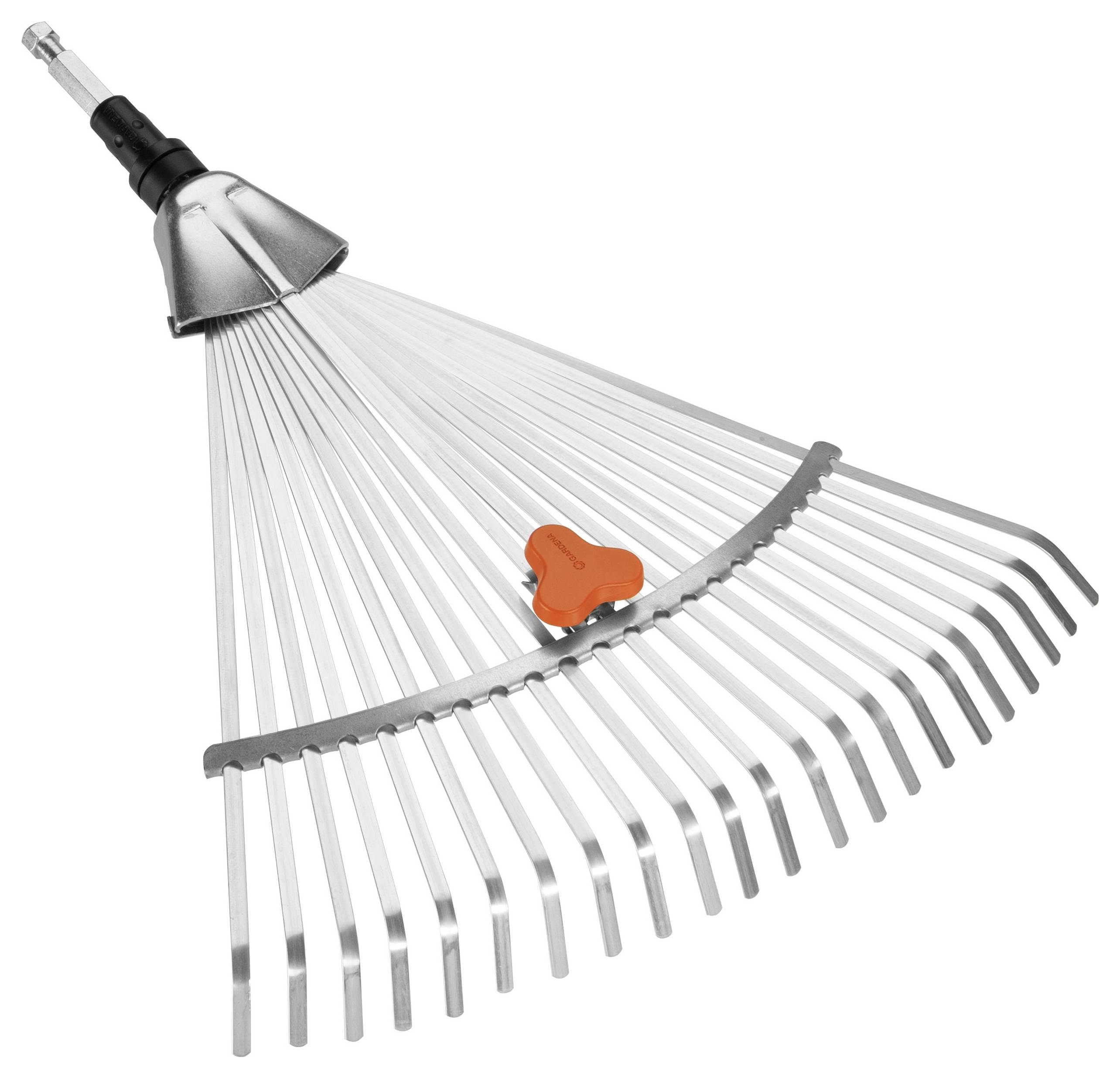 Un râteau ajustable avec des dents en argent et une poignée orange. Idéal pour ramasser les feuilles dans le jardin.