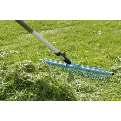 Un râteau bleu déplace de l'herbe fraîchement coupée sur une surface de pelouse verte.