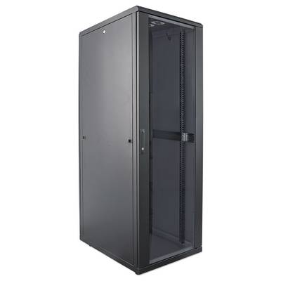 Armoire réseau grise avec porte vitrée, adaptée au stockage des serveurs et des équipements réseau dans un centre de données.