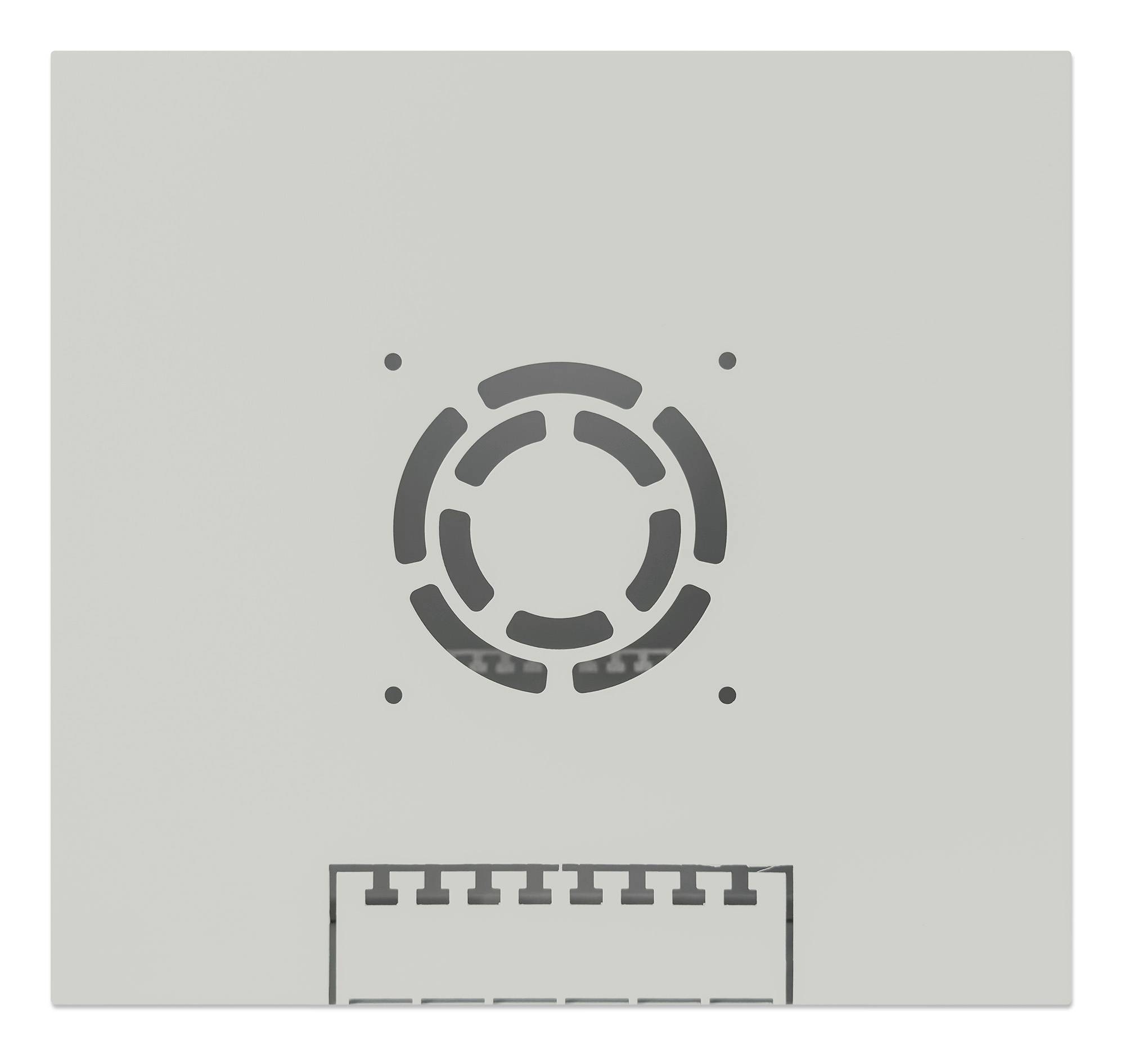 Un carré gris clair avec un motif rond en forme de fleur au centre et un élément rectangulaire linéaire en dessous.