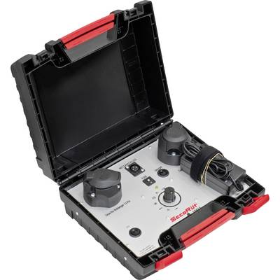 Valise noire ouverte contenant du matériel technique ; montre des boutons rotatifs, un écran et un faisceau de câbles enroulé à l'intérieur.