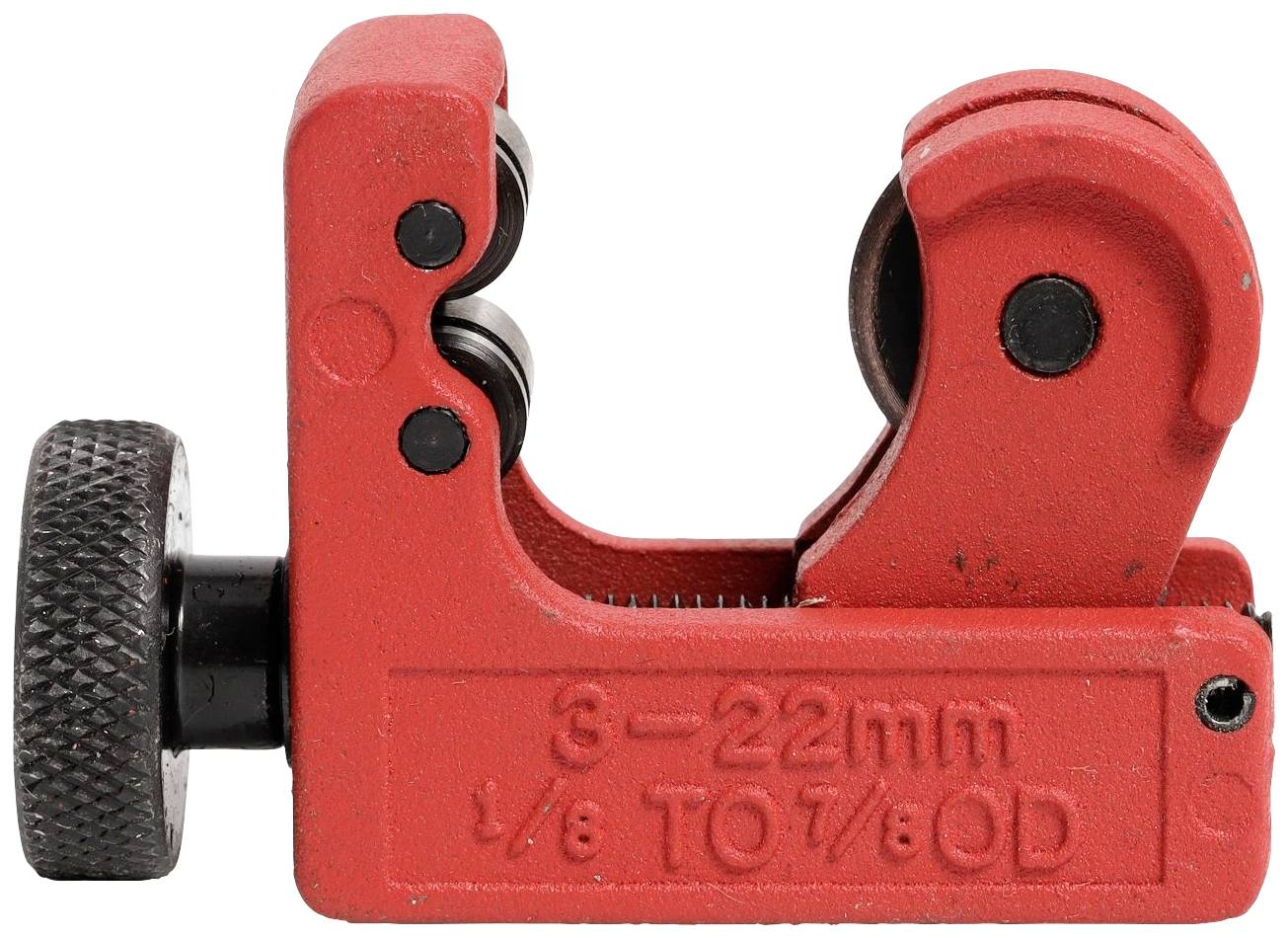Outil de coupe de tuyaux en métal rouge avec molette de réglage, adapté pour les tuyaux de 3 à 22 mm de diamètre.