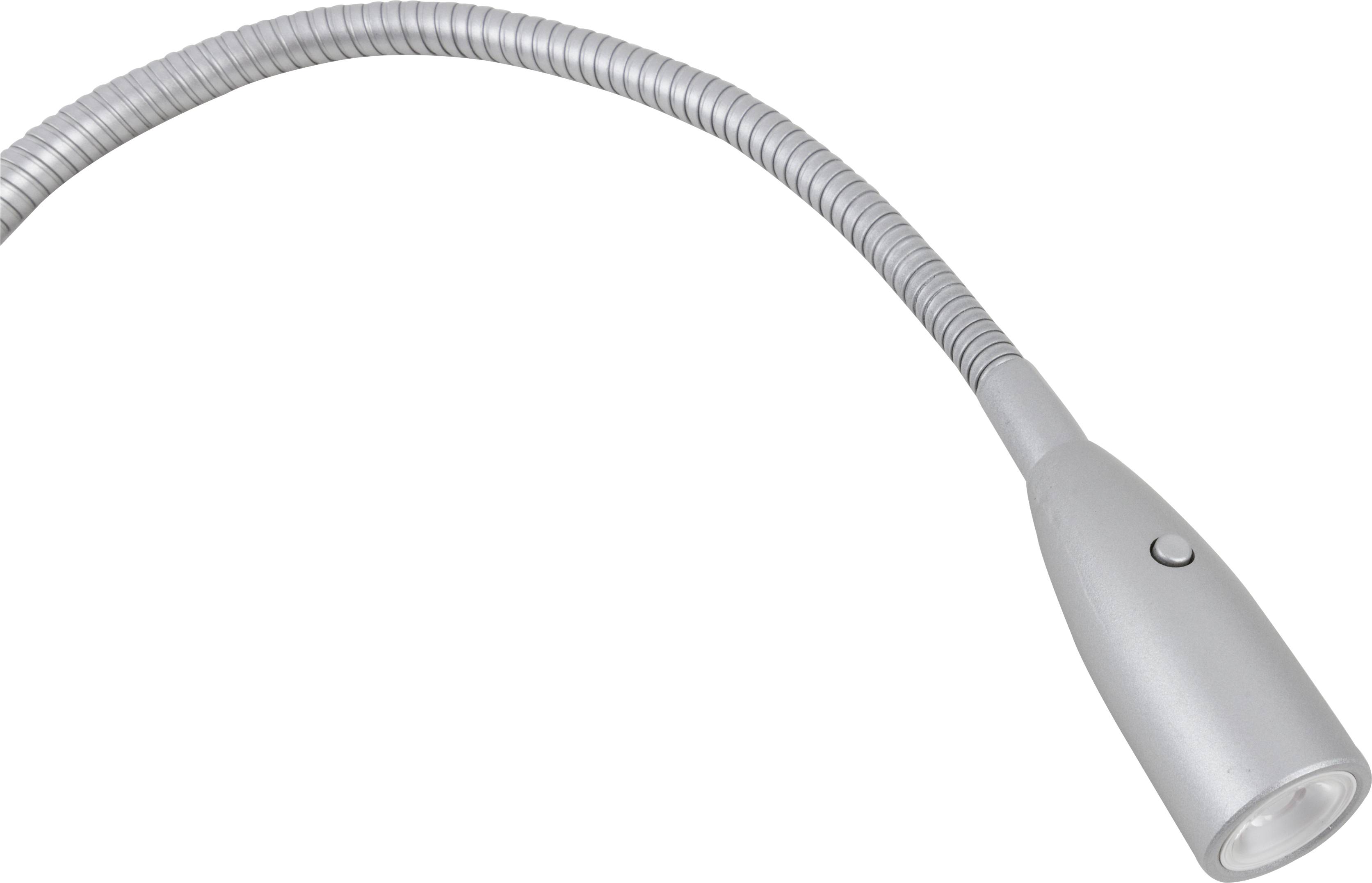 Une lampe flexible à col de cygne en argent avec un petit interrupteur sur le côté de la tête de lampe. Idéale pour orienter la lumière.