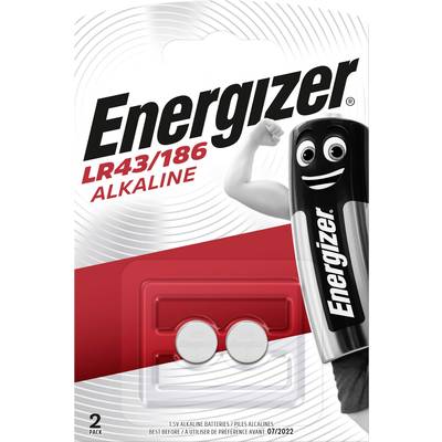 Piles alcalines Energizer LR43/186 en pack de 2. L'emballage présente une batterie de dessin animé avec un visage souriant.