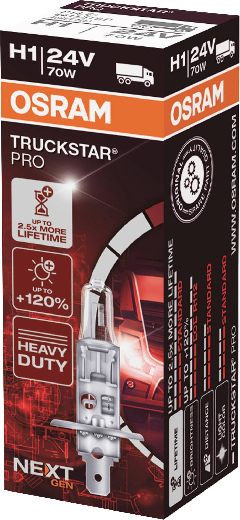 Boîte d'une ampoule OSRAM Truckstar Pro : H1, 24V, 70W. Caractéristiques : plus durable, éclairage 120% plus lumineux, pour camions.